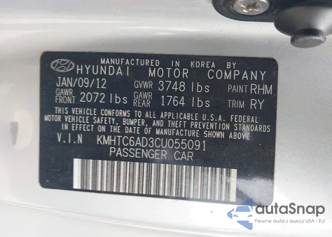 2012 Hyundai Veloster Base W/Gray из США, поврежденный, VIN KMHTC6AD3CU055091